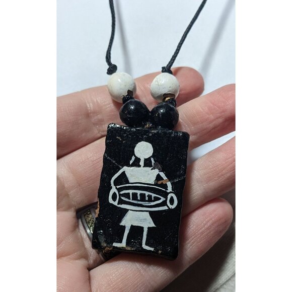 Vintage Terra Cotta Black And White Primitive Person Pendant Necklace - Picture 7 of 10
